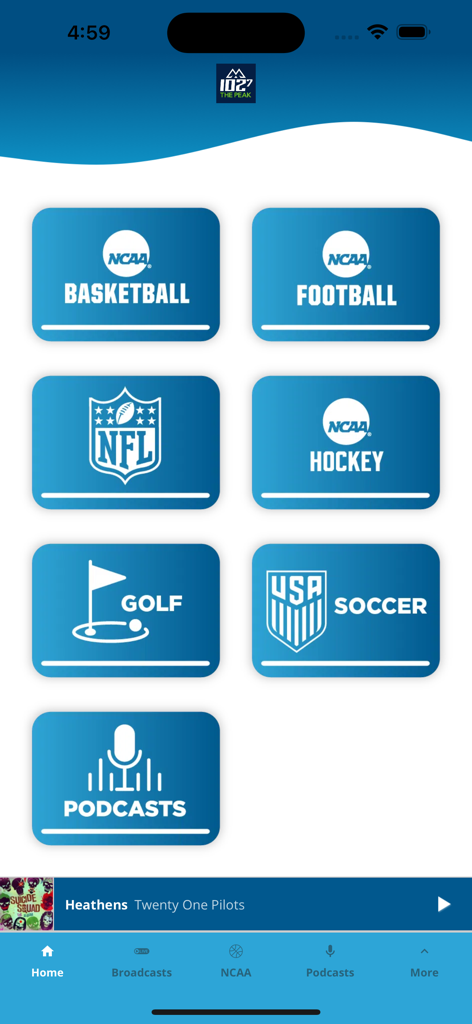 Westwood One Sports app home screen displaying icons for NCAA Basketball NFL NCAA Hockey Golf USA Soccer and Podcasts