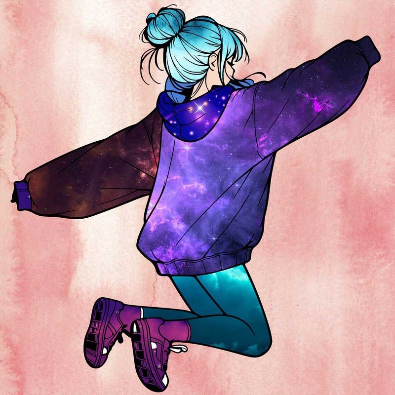 realistic girl jumping with a bun and oversized sweatshirt