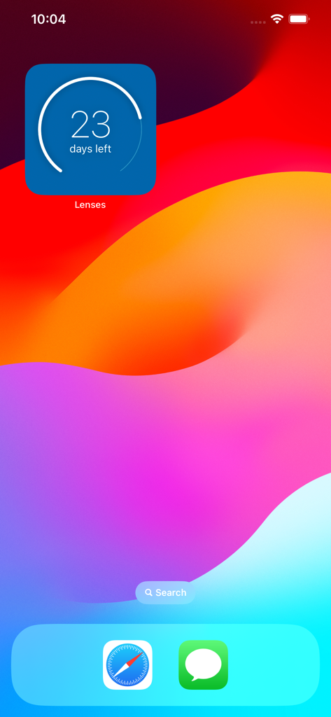 iOS-Home-Bildschirm mit dem Kontaktlinsen Tracker Widget, das 23 verbleibende Tage für die aktuellen Linsen anzeigt