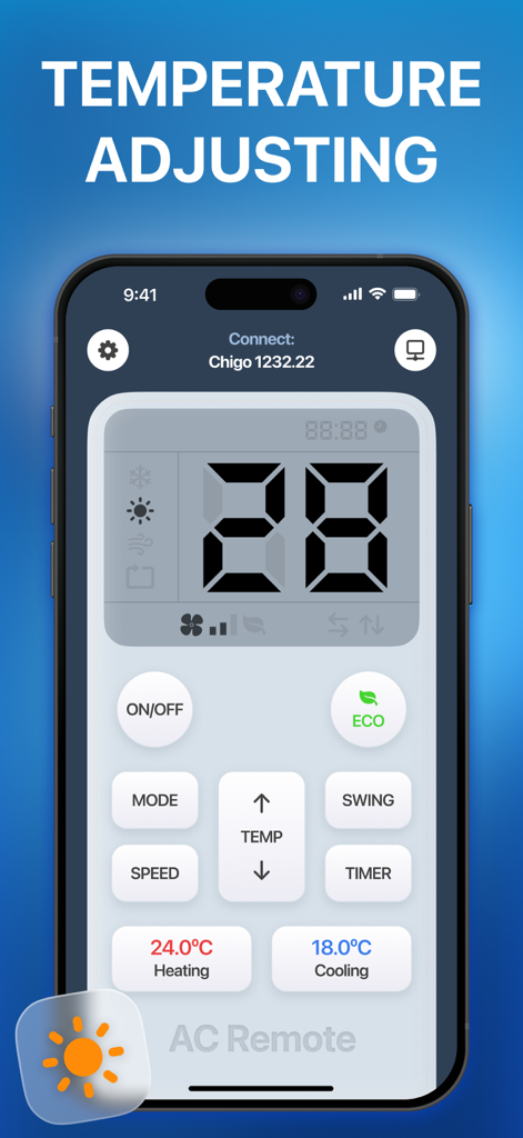 Universal AC Remote Control ㅤ - Universal AC Remote app interface on an iPhone showing temperature controls and digital display