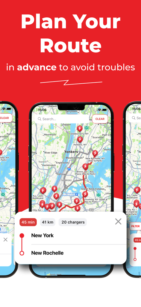 Supercharger map for Tesla - Tesla Supercharger map interface showing route planning between New York and New Rochelle with multiple charging stations highlighted
