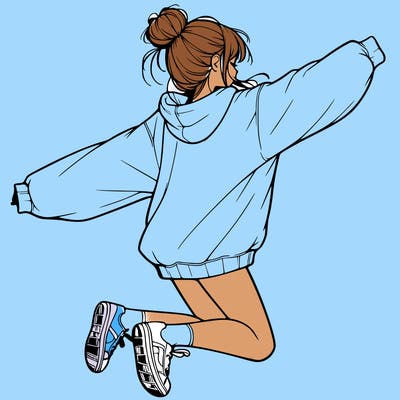 realistic girl jumping with a bun and oversized sweatshirt