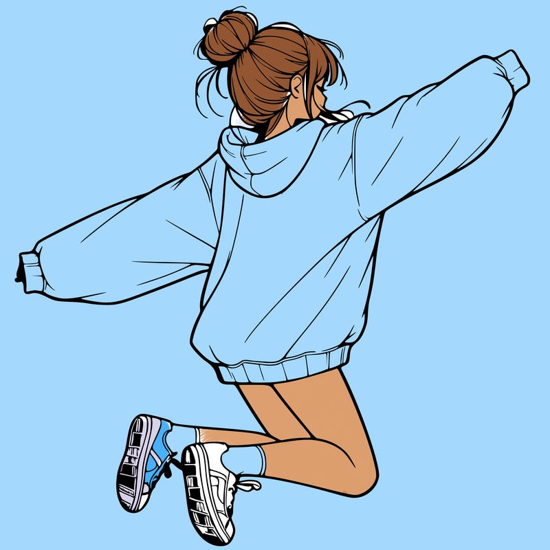 realistic girl jumping with a bun and oversized sweatshirt
