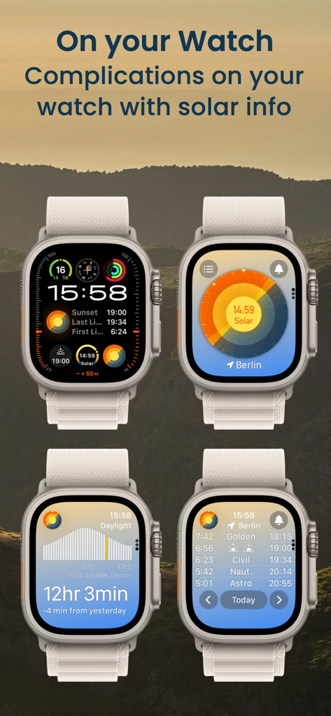 SolarWatch app complications on Apple Watch showing sun tracking data and solar times.