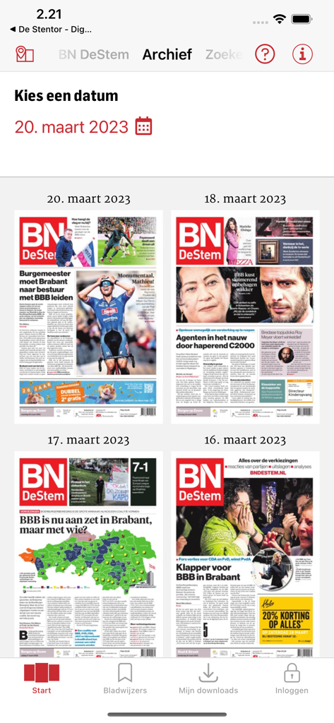 BN DeStem - Digitale krant - Archive screen of the BN DeStem app showing multiple digital newspaper editions