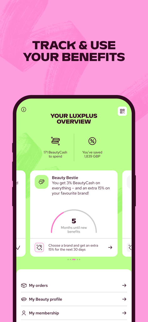luxplus - Luxplus mobile app screen displaying membership benefits overview including BeautyCash rewards and total savings.