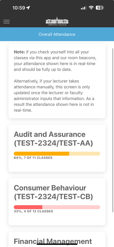 Griffith College - Griffith College app attendance dashboard showing course progress bars and attendance percentages