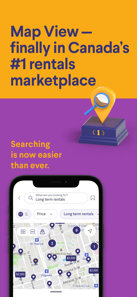 Kijijiアプリのインターフェースにカナダの地図上に長期賃貸物件が表示されています