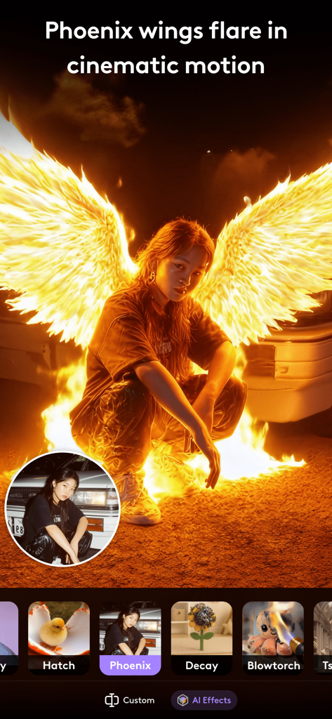 A woman with fiery cinematic phoenix wings created using the LTX Buzz AI video generator app.