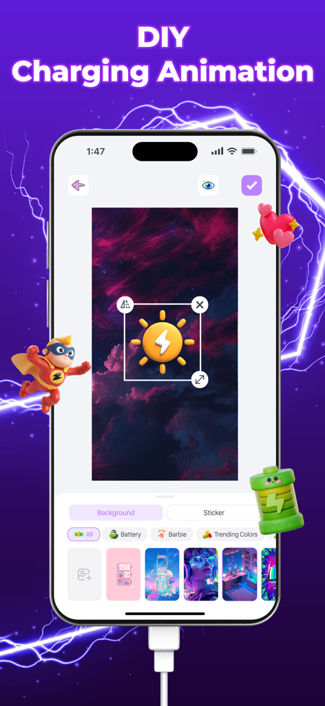 3D Charging Effect Wallpaper - Mobile interface for creating custom 3D charging animations with background and sticker selection