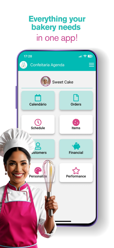 Cake - Schedule - Panel de la aplicación Cake Schedule mostrando funciones de gestión con una repostera sonriente sosteniendo un batidor.
