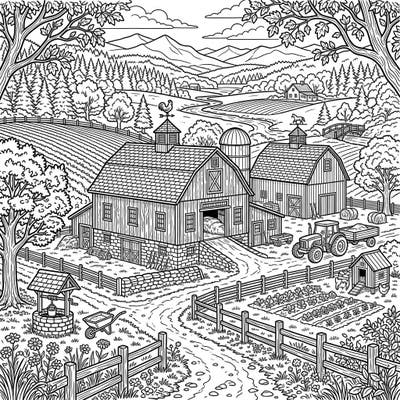 Unleash your creativity with this intricate coloring page featuring charming historic barns nestled in a serene full-scene farm landscape. Dive into a world of rustic beauty, complete with fields, fences, a tractor, and winding country roads, perfect for a relaxing coloring escape.
