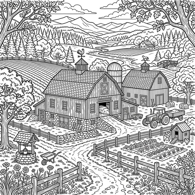 Unleash your creativity with this intricate coloring page featuring charming historic barns nestled in a serene full-scene farm landscape. Dive into a world of rustic beauty, complete with fields, fences, a tractor, and winding country roads, perfect for a relaxing coloring escape.
