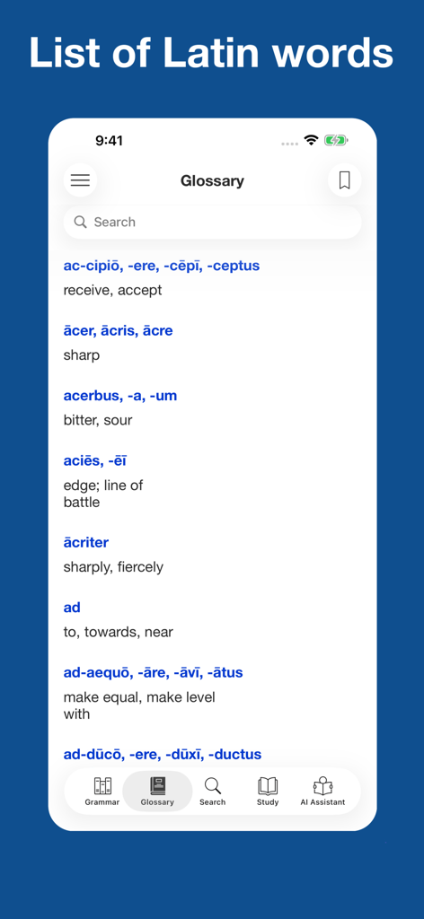Latin for Beginners - A mobile app screen showing a glossary list of Latin words with their English translations and grammatical forms.