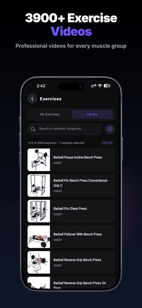 ProCoach: Fitness Coaching App - ProCoach fitness app screen showing a library of over 3900 professional exercise videos for fitness coaches
