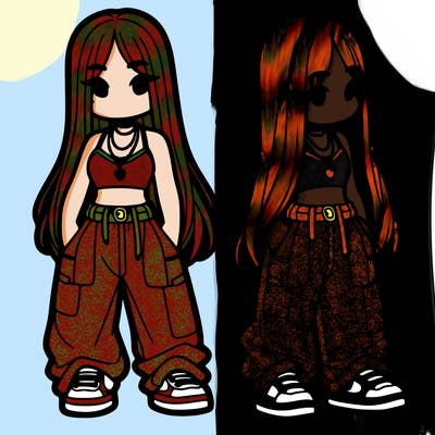 girl in baggy pants crop top and long hair