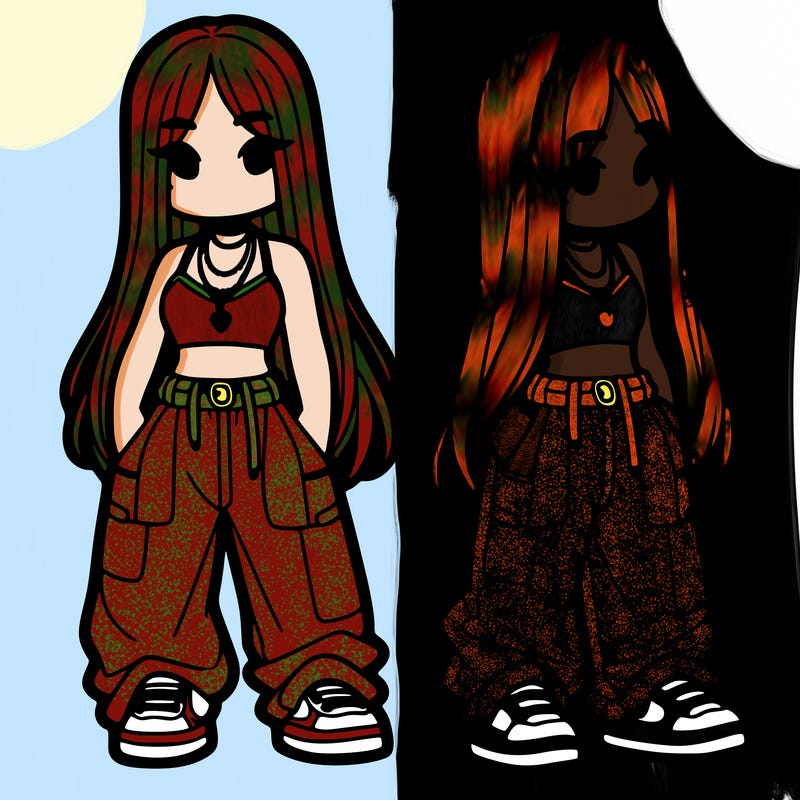 girl in baggy pants crop top and long hair