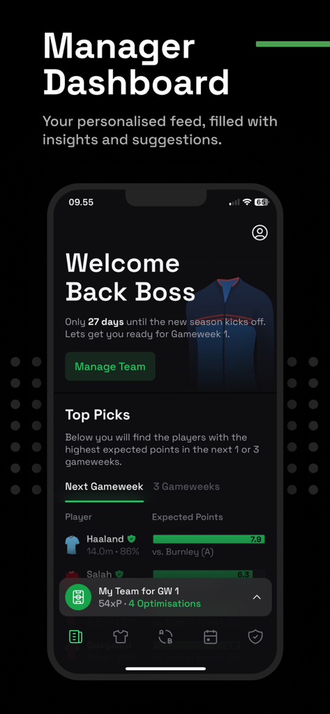 Drafthound - FPL Manager - Drafthound FPL manager dashboard with player top picks and expected points