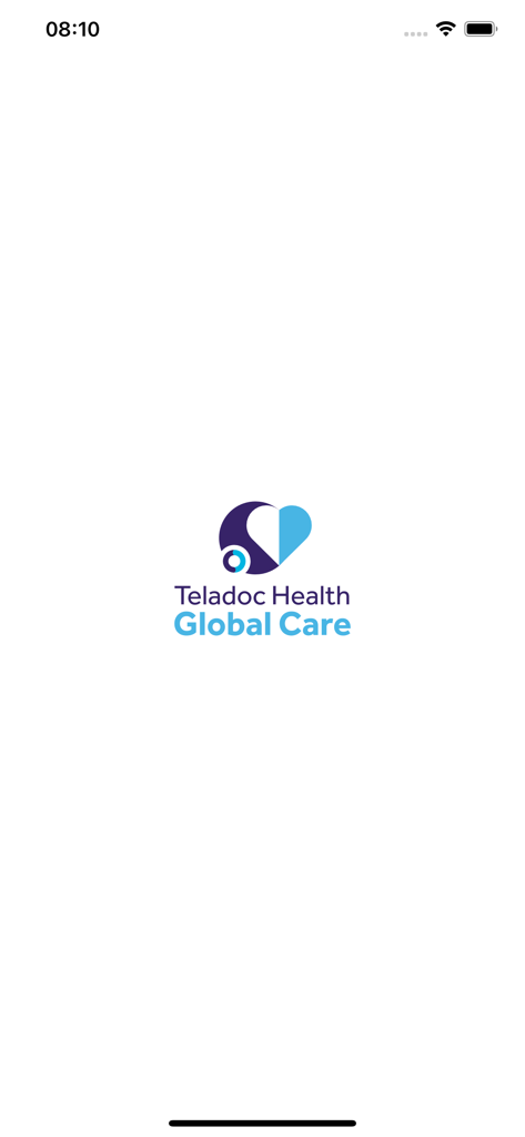 Startbildschirm der Teladoc Global Care App von Teladoc Health mit dem offiziellen Logo auf weißem Hintergrund.