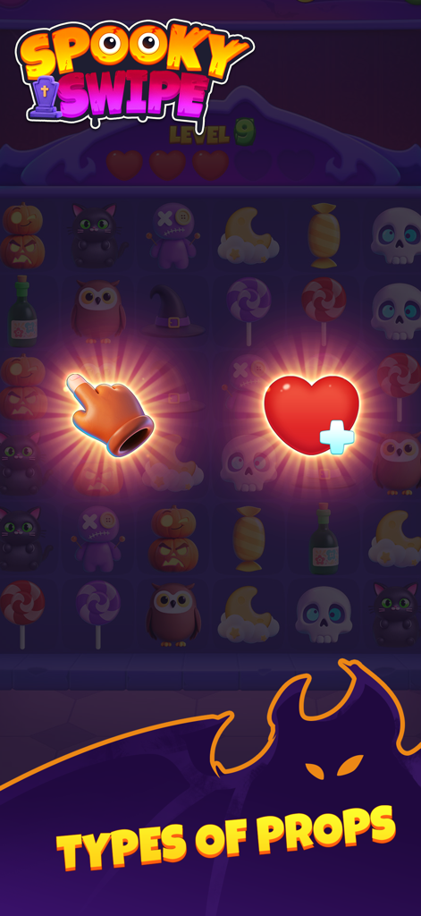 Spooky Swipe: Merge&Puzzle - Spooky Swipe mobile game screenshot showing various Halloween themed puzzle items and special props like a life heart icon