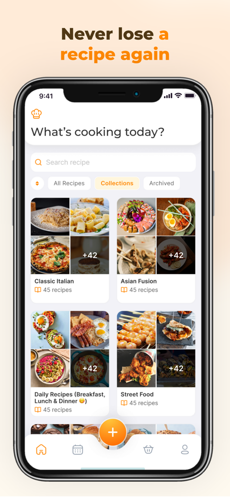 Smartphone-Bildschirm der Youmeal-App, die personalisierte Rezepts-Sammlungen mit lebendigen Food-Bildern anzeigt