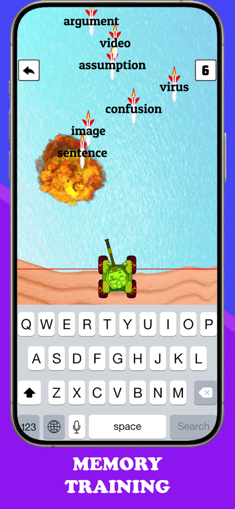 Type Blast: Fast Typer Club - A mobile screen showing Type Blast gameplay where players type words on falling rockets to train memory and speed.