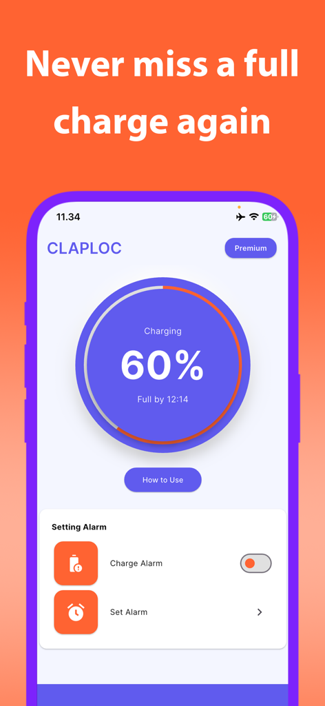 ClapLoc app interface showing battery charging progress and alarm settings.