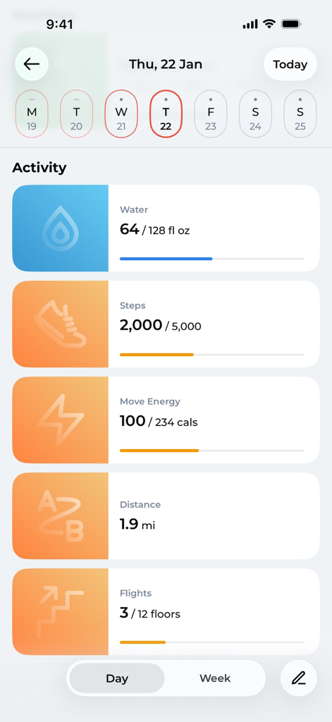 Hibrido+ - Painel de atividades diárias do aplicativo Hibrido plus rastreando ingestão de água, passos, calorias e distância