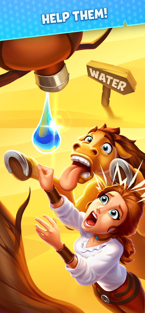 Island Hoppers: Adventure Farm - Una mujer sedienta y un caballo alcanzan una gota de agua que cae en una isla desierta.