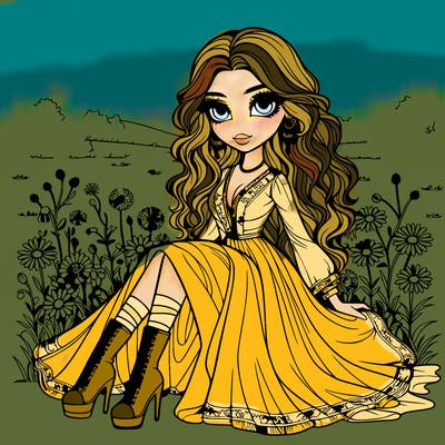 a girl with open hair the hair should be like chest long the hair should be straight but a bit wavy with a human eyes and a stunning dress with high heel boots sitting on a field with flowers