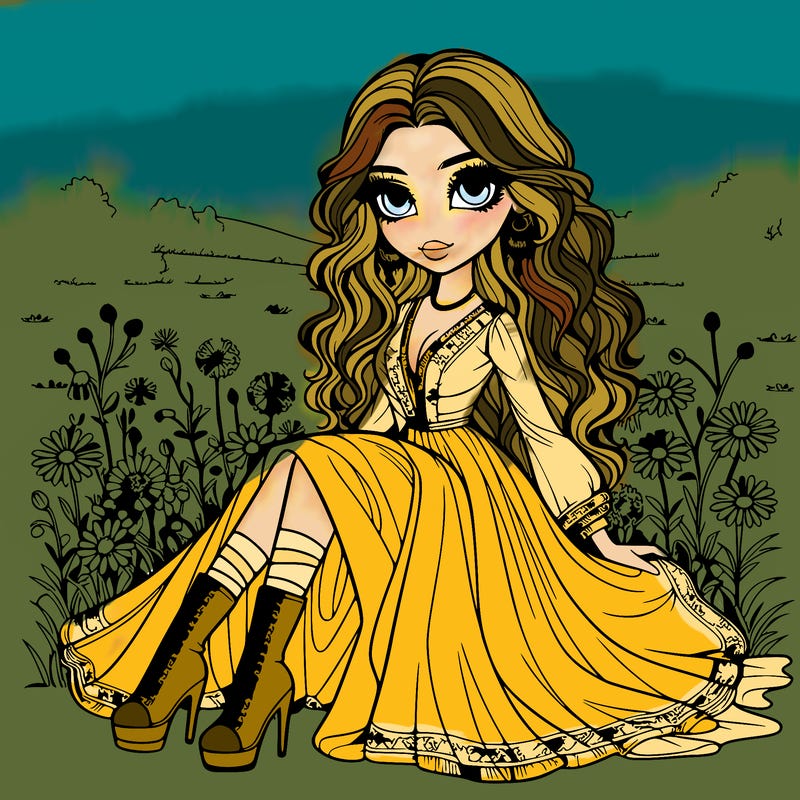 a girl with open hair the hair should be like chest long the hair should be straight but a bit wavy with a human eyes and a stunning dress with high heel boots sitting on a field with flowers