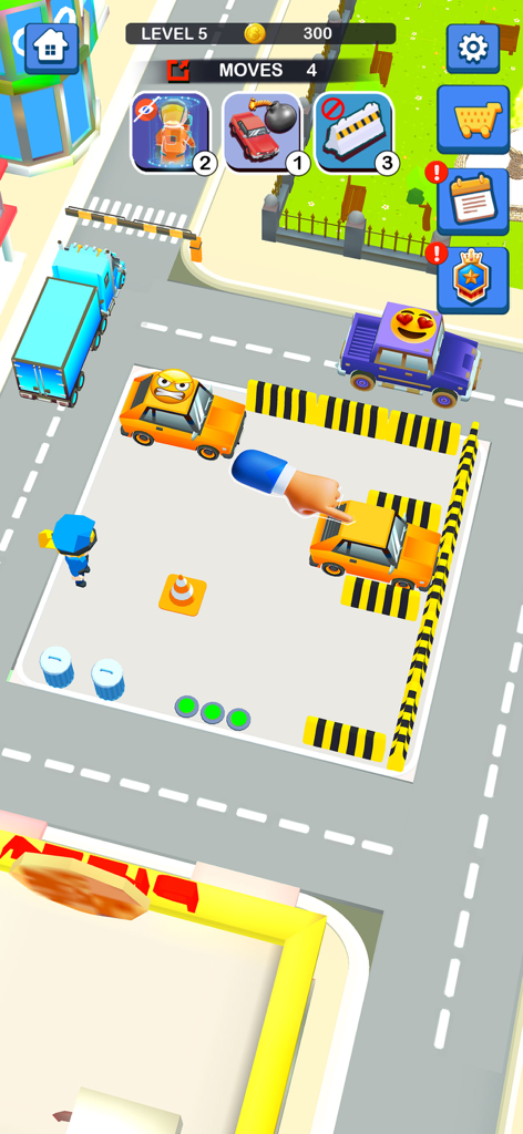 Gameplay screenshot of Car Jam Puzzle Parking Master showing 3D emoji cars in a parking lot level