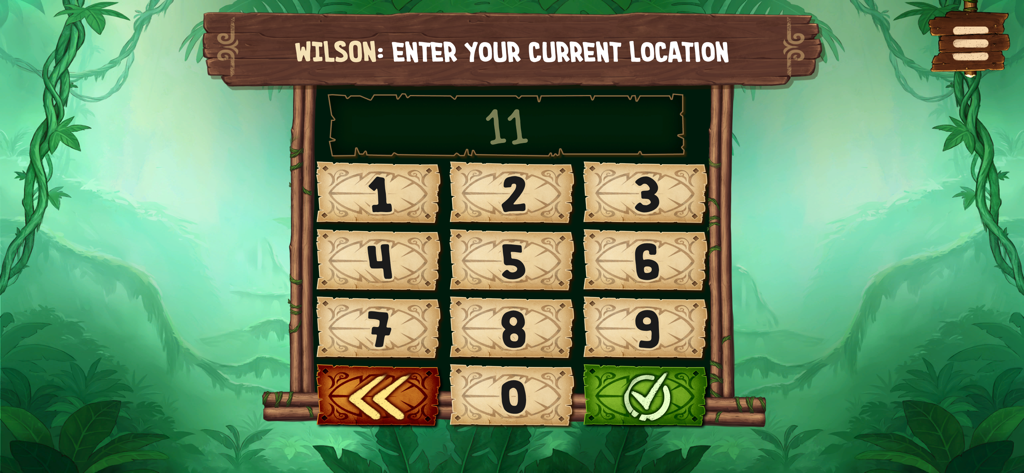 A jungle-themed number pad interface in the Toriki app for entering a player's current location.