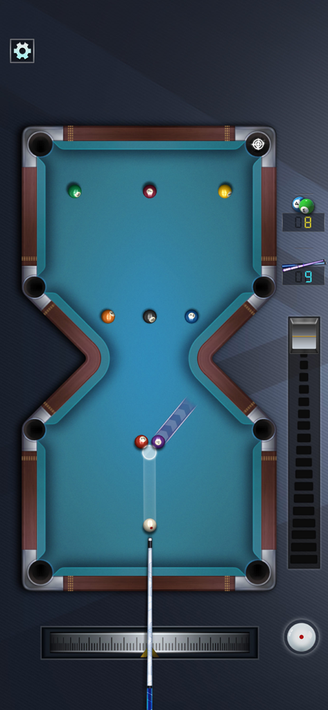 Top down view of a 3D billiards game on a uniquely shaped hourglass table showing cue aiming and trajectory guides