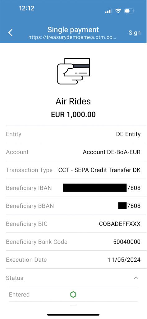 Coupa Treasury - A screen in the Coupa Treasury app displaying single payment details for approval.