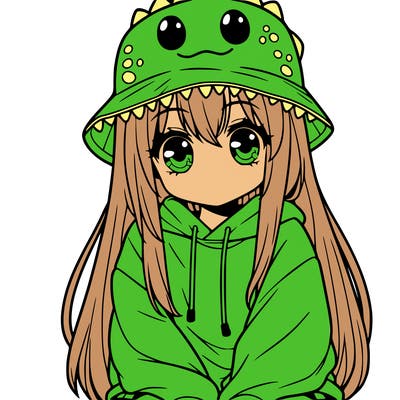 girl with anime shaped eyes with a dinosaur bucket hat oversized sweatshirt long straight hair