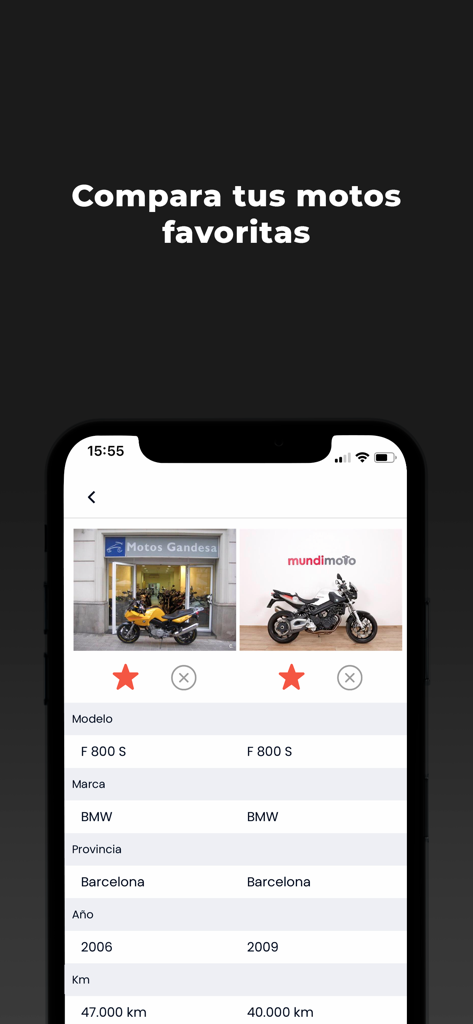 Motos.net - Motos de ocasión - Funcionalidad de la aplicación Motos.net comparando dos motos BMW lado a lado con especificaciones técnicas