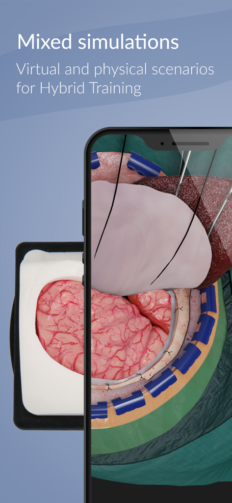 UpSurgeOn Neurosurgery - UpSurgeOn neurosurgery app showing mixed reality simulation with a smartphone and physical brain model