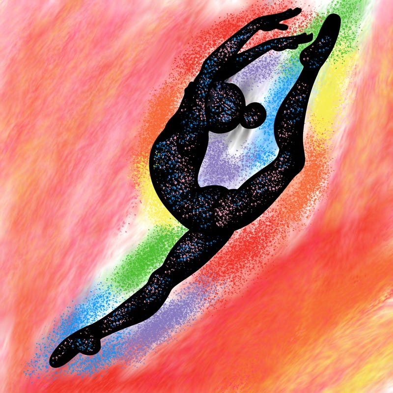 gymnast doing a leap in a leotard with a bent back leg
