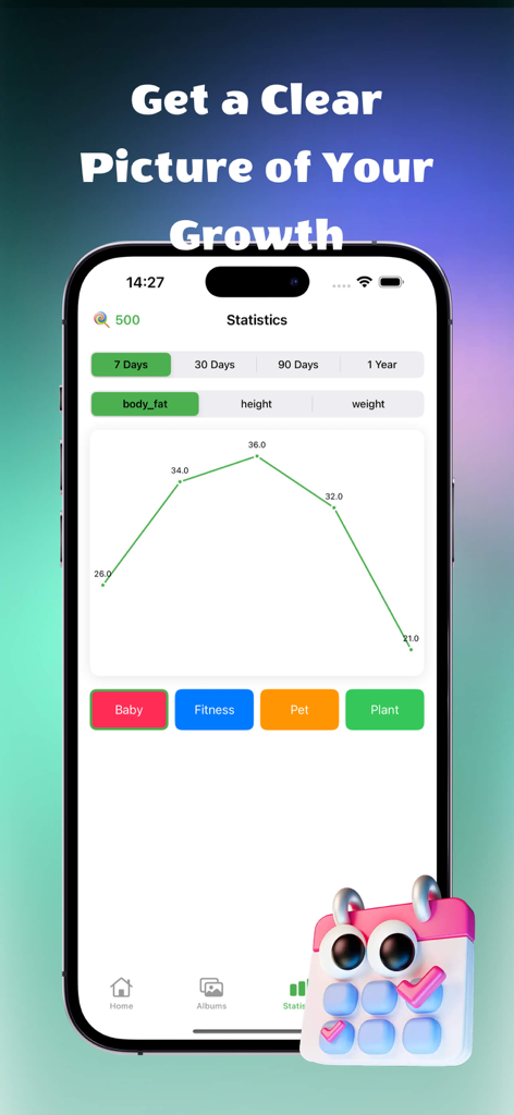 Ezacula - Écran de l'application Ezacula affichant un graphique linéaire des statistiques de graisse corporelle avec des catégories pour le suivi des bébés, des animaux de compagnie et des plantes