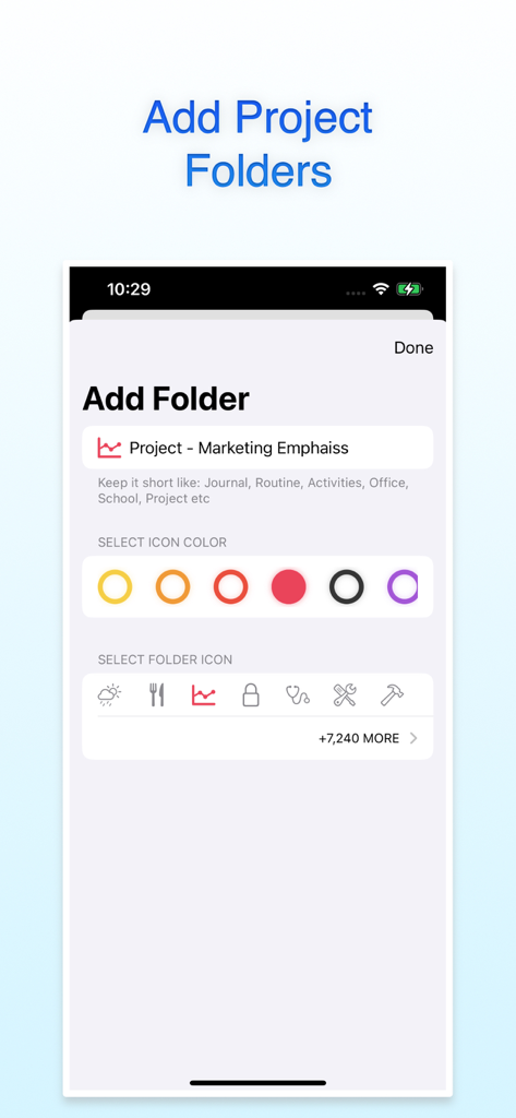 Focus: Pomodoro & Study Timer - アイコンと色のカスタマイズオプションを表示する、Focusアプリのプロジェクトフォルダ追加画面。