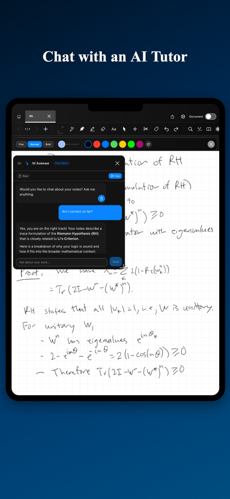 MathNotes: AI Notes for STEM - MathNotes app on iPad showing an AI assistant chatting about handwritten math proofs