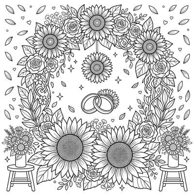 Immerse yourself in a beautiful fusion of sunflowers and wedding romance, designed specifically for teen colorists. This intricate page features elegant rings nestled within a vibrant floral arch, offering a delightful and creative escape.