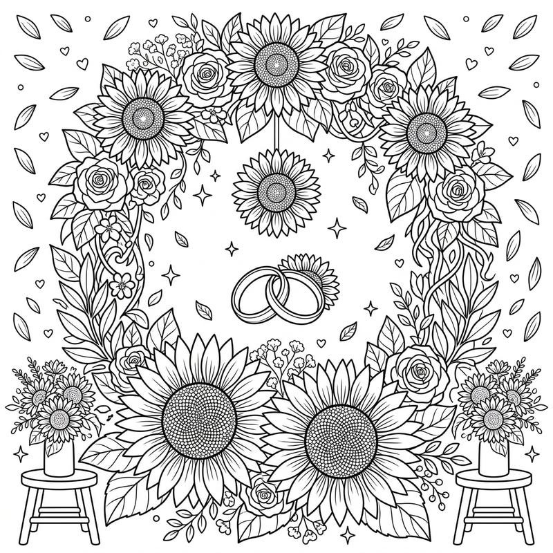 Immerse yourself in a beautiful fusion of sunflowers and wedding romance, designed specifically for teen colorists. This intricate page features elegant rings nestled within a vibrant floral arch, offering a delightful and creative escape.