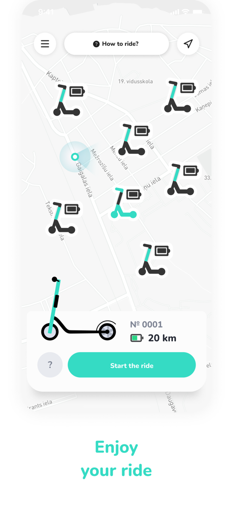 Hoppy Mobility - Map view of the Hoppy Mobility app showing available electric scooters and their battery range