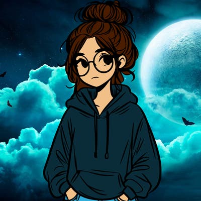 teen girl with a messy bun and glasses wearing a loose hoodie and jeans