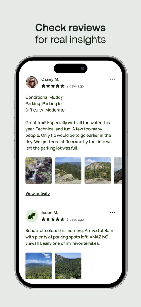 AllTrails app screen showing community reviews with ratings and trail photos