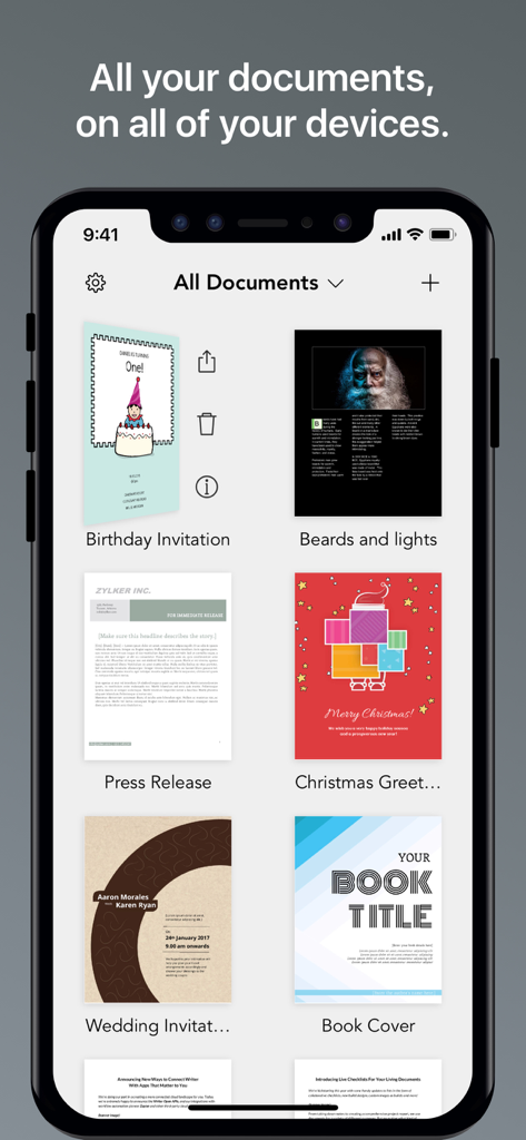 Zoho Writer - Document Editor - Zoho Writer app on iPhone displaying a library of saved documents and templates