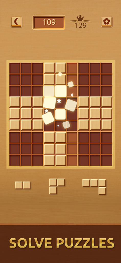 Gemdoku: Wood Block Puzzle - Jugabilidad de Gemdoku mostrando una cuadrícula de madera de 9x9 con bloques que se despejan y efectos brillantes