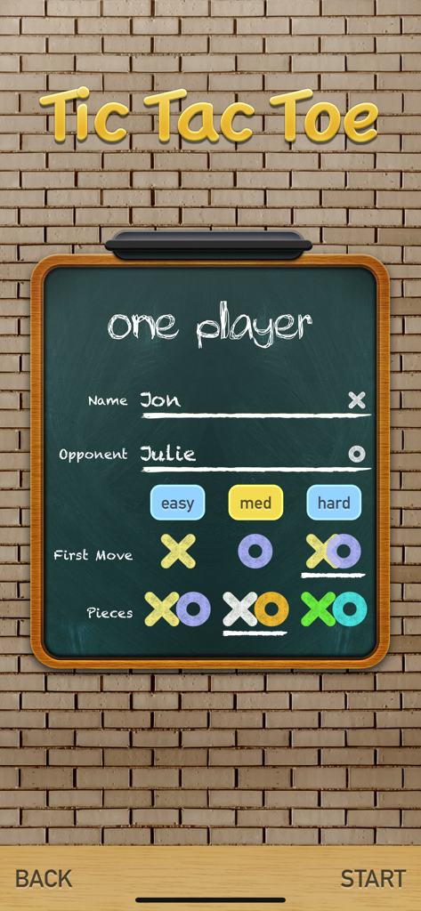 Schermata di impostazione della modalità a giocatore singolo del gioco mobile Tris che mostra livelli di difficoltà e personalizzazione del giocatore su sfondo lavagna